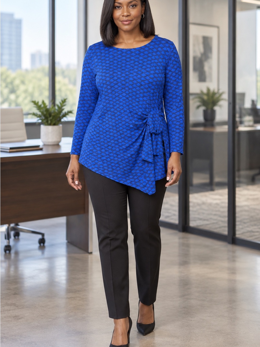 Liz Claiborne Royal Blue Textured Asymmetric Long Sleeve Top